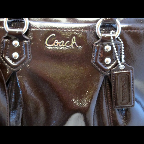 $198 Authentic Ashley Coach Brown Patent Leather Convertible Crossbody Satchel - Picture 6 of 8
